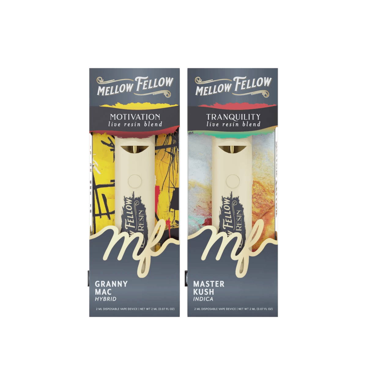 Motivation (Granny Mac) & Tranquility (Master Kush) 2ml Live Resin Disposable Vape Day/Night Bundle (Hybrid/Indica)