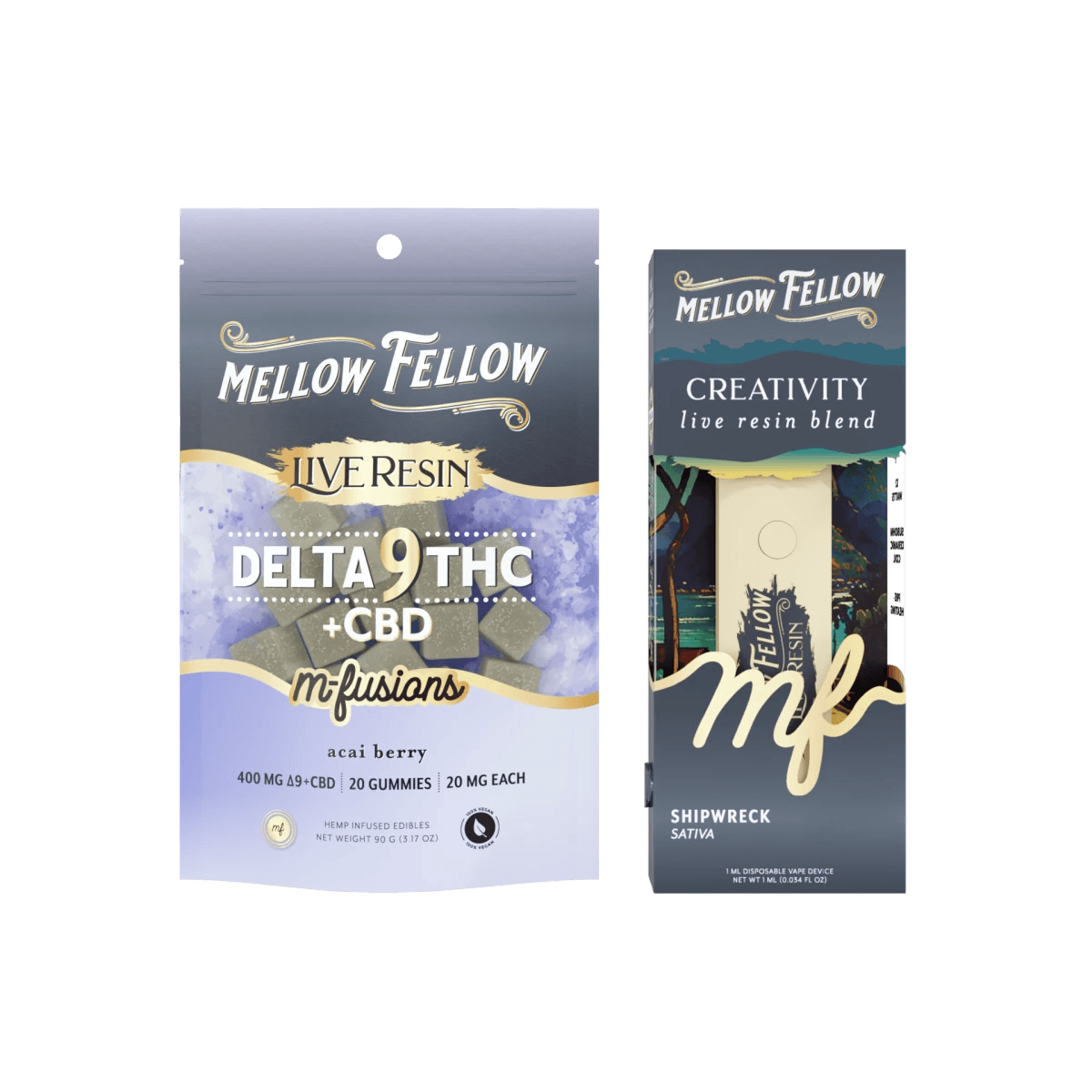 The Rio de Janeiro Bundle: Acai Berry Delta 9 Live Resin Edibles / Creativity Blend (Shipwreck) 1ml Live Resin Disposable Vape - Mellow Fellow