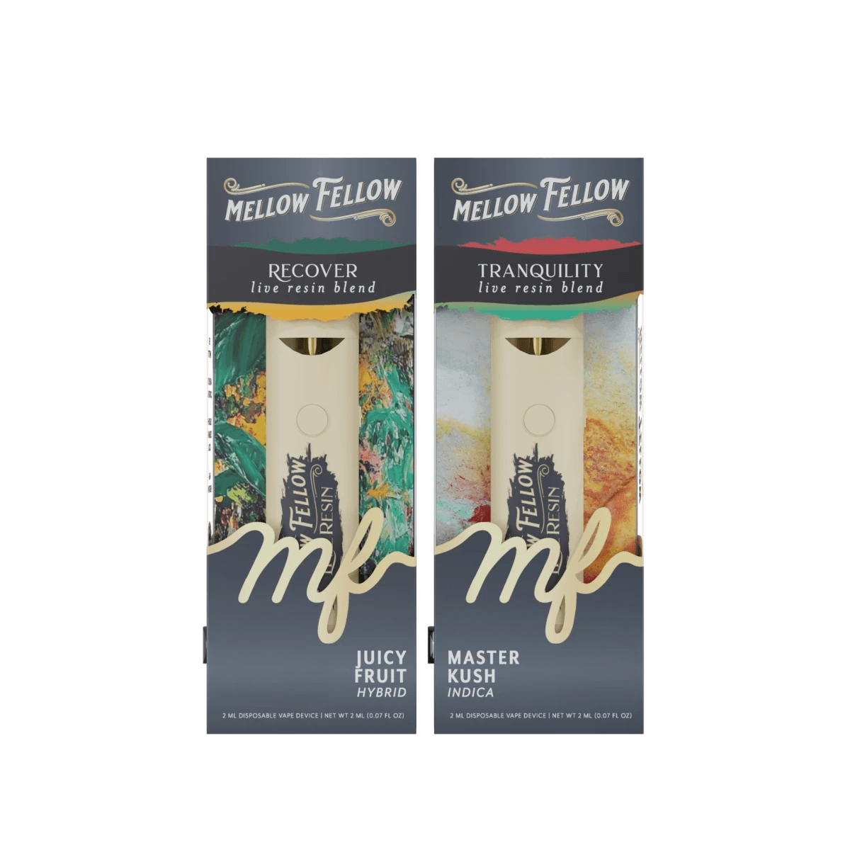 The Zen Bundle - Recover Juicy Fruit (Hybrid) and Tranquility Master Kush (Indica) - 2 Pk 2ml Live Resin Disposable Vapes - Mellow Fellow