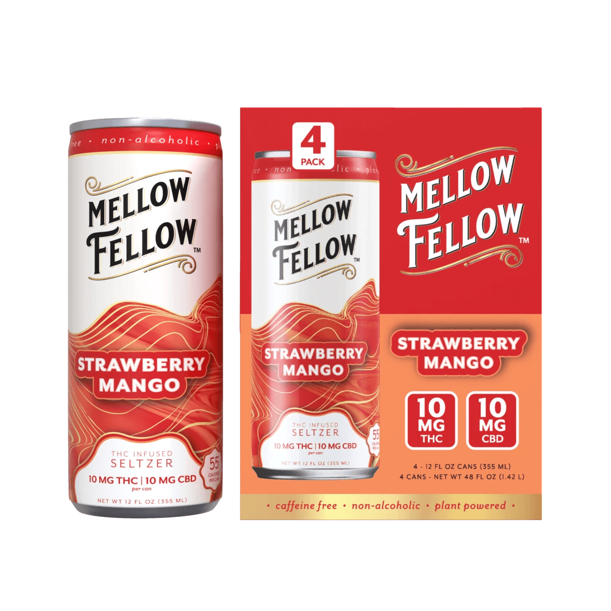 Delta 9 THC + CBD Seltzer Beverage 20MG - Strawberry Mango 4 Pack - Mellow Fellow