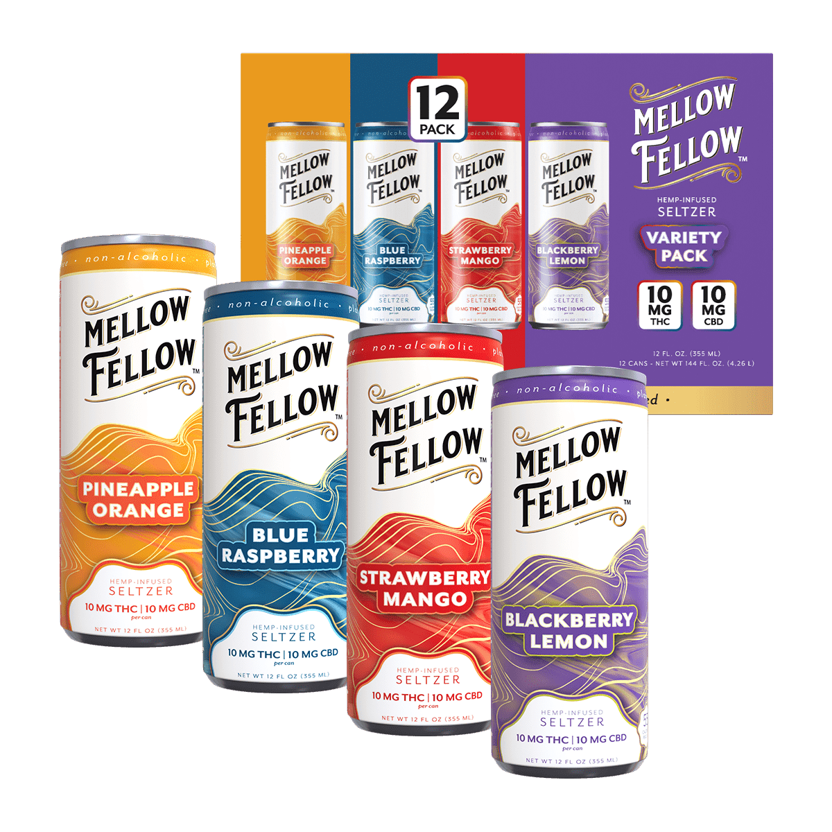 Delta 9 THC + CBD Seltzer Beverage 20MG - Variety 12 Pack - Mellow Fellow