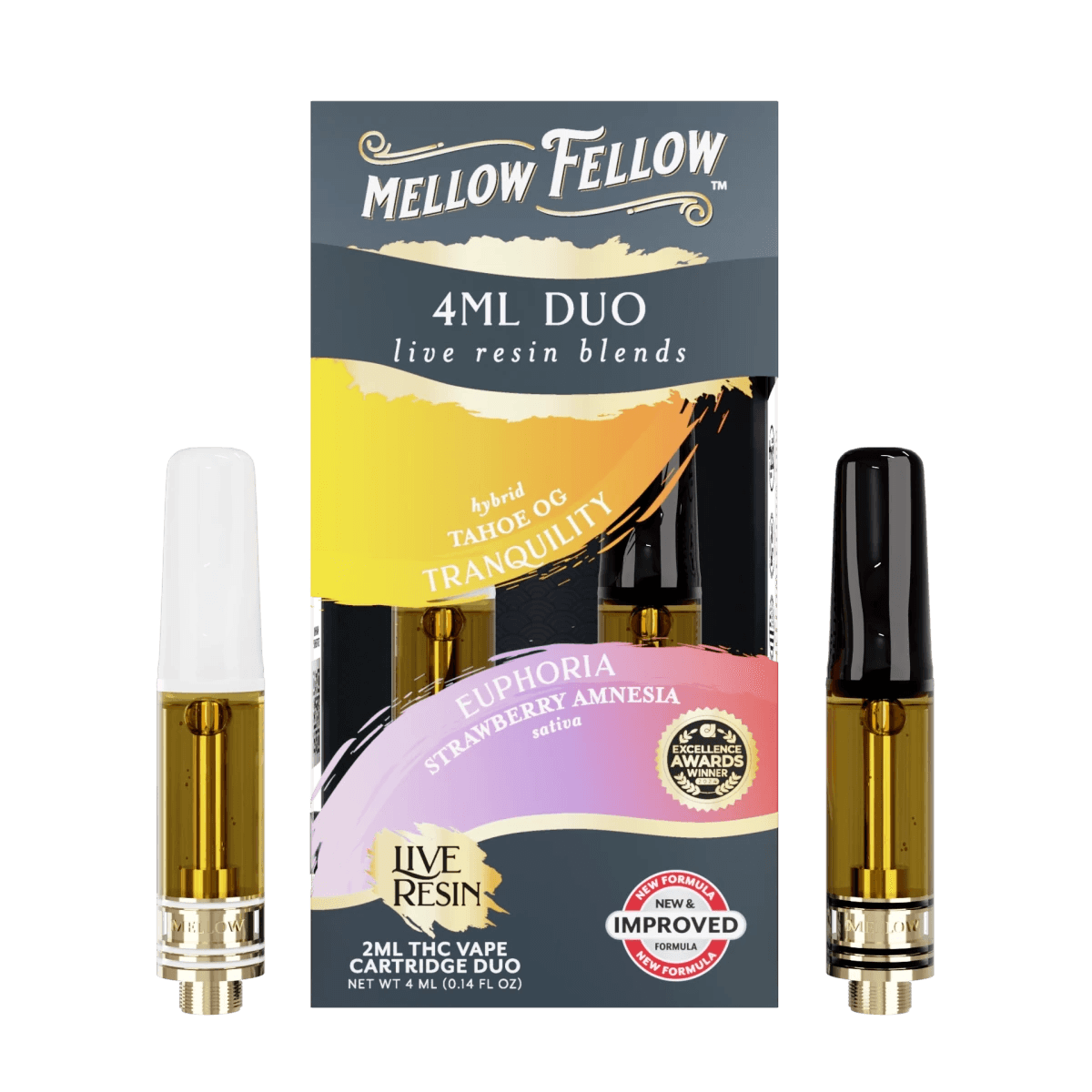 Euphoria - Strawberry Amnesia (Sativa) & Tranquility - Tahoe OG (Hybrid) - Live Resin 4ml Vape Cart Duo - Mellow Fellow