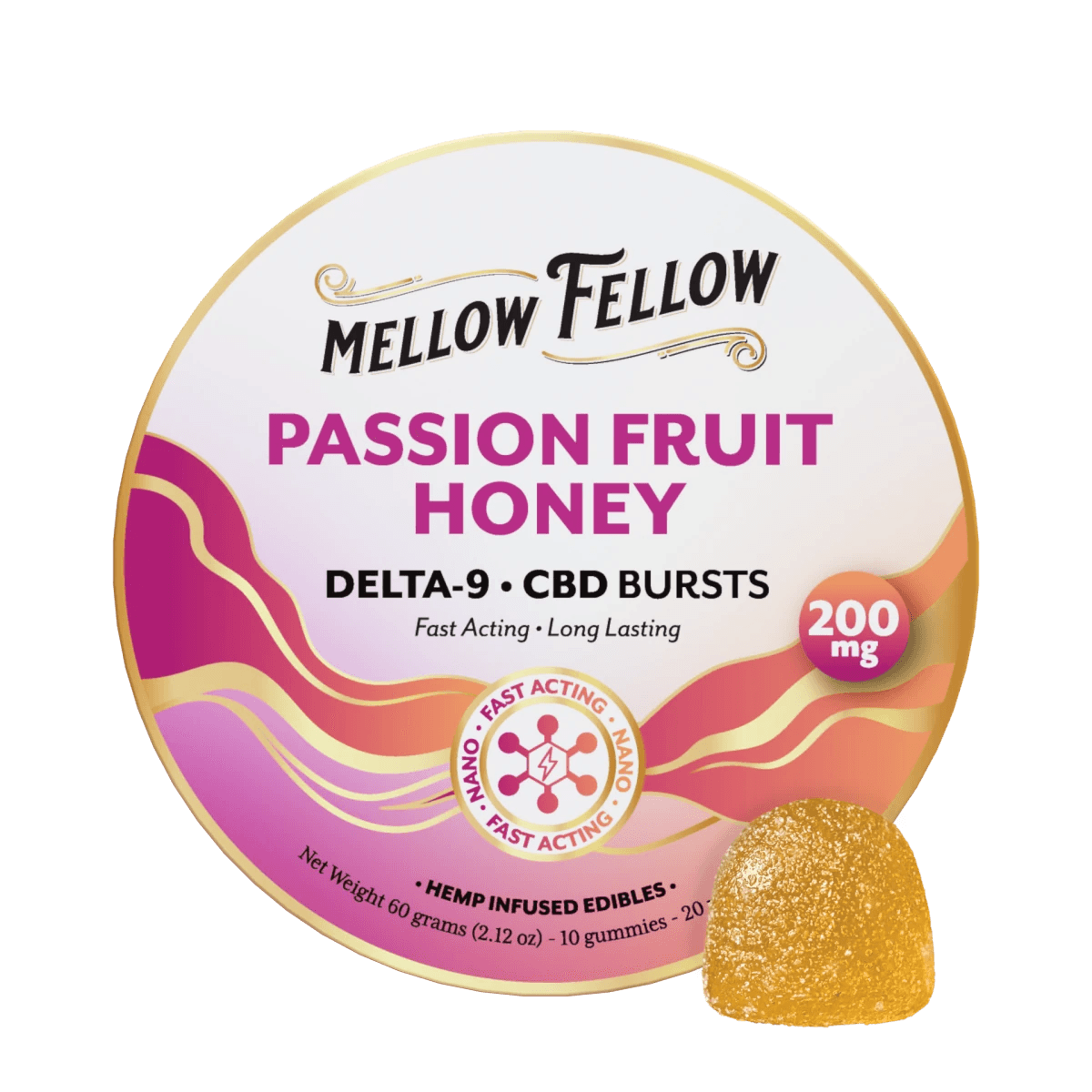 Delta 9 THC CBD Burst Nano Gummies 200mg - Passion Fruit Honey - Mellow Fellow